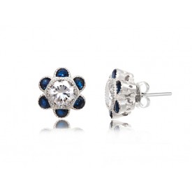 EDE8591 S/S FLORAL W/CZ & BLUE SPINEL POST EARRING